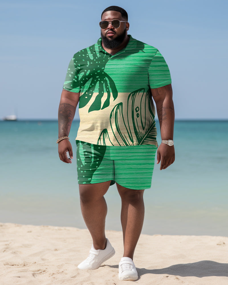 Men's Plus Size Hawaiian Art Coconut Color Block Polo Shirt and Shorts Two-Piece Set