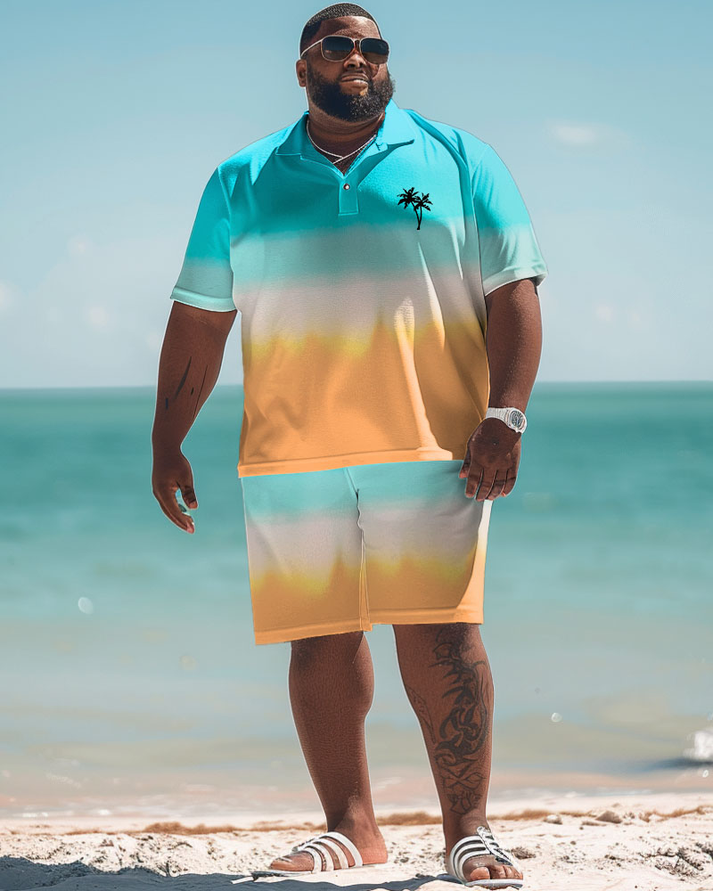 Men's Plus Size Beach Gradient Coconut Tree Polo Shirt and Shorts Set