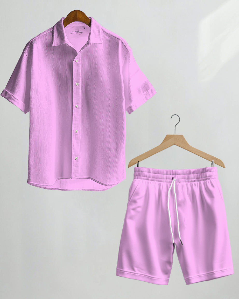 Men's Plus Size Solid Color Light Pink Shirt Shorts Suit