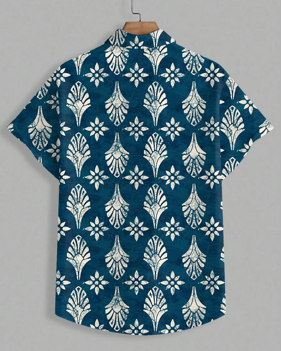 Men's Plus Size Hawaiian Blue Floral Tribal Art Print Short Sleeve Shirt