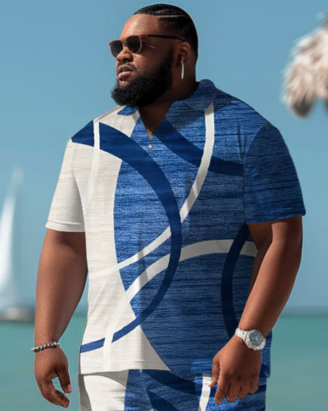 Men's Plus Size Casual Simple Geometric Print Polo Shorts Suit