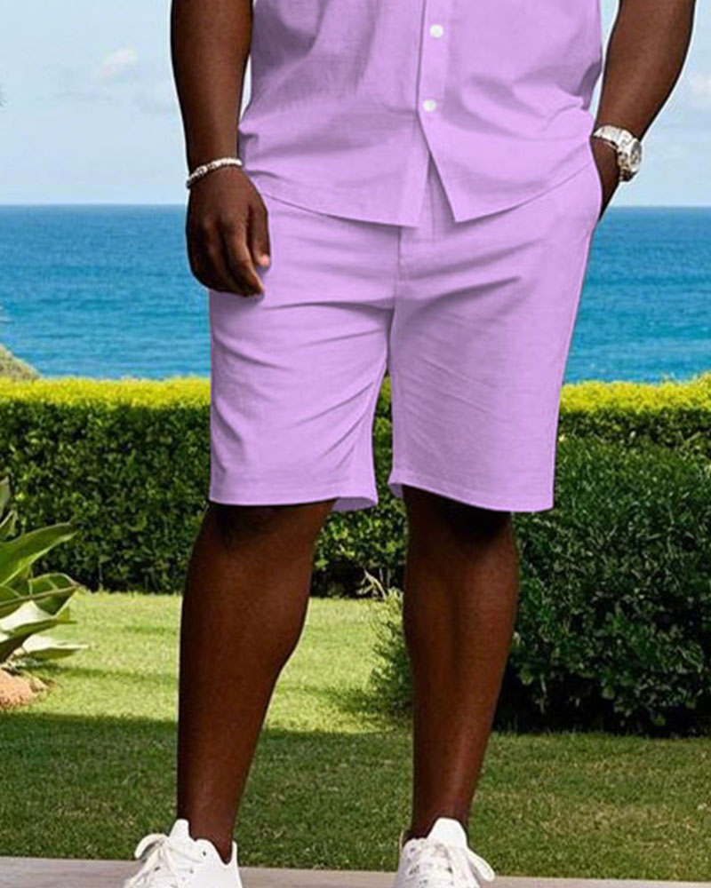 Solid Pink Cuban Nose Short Sleeve Shirt Shorts Suit Men's Plus Size