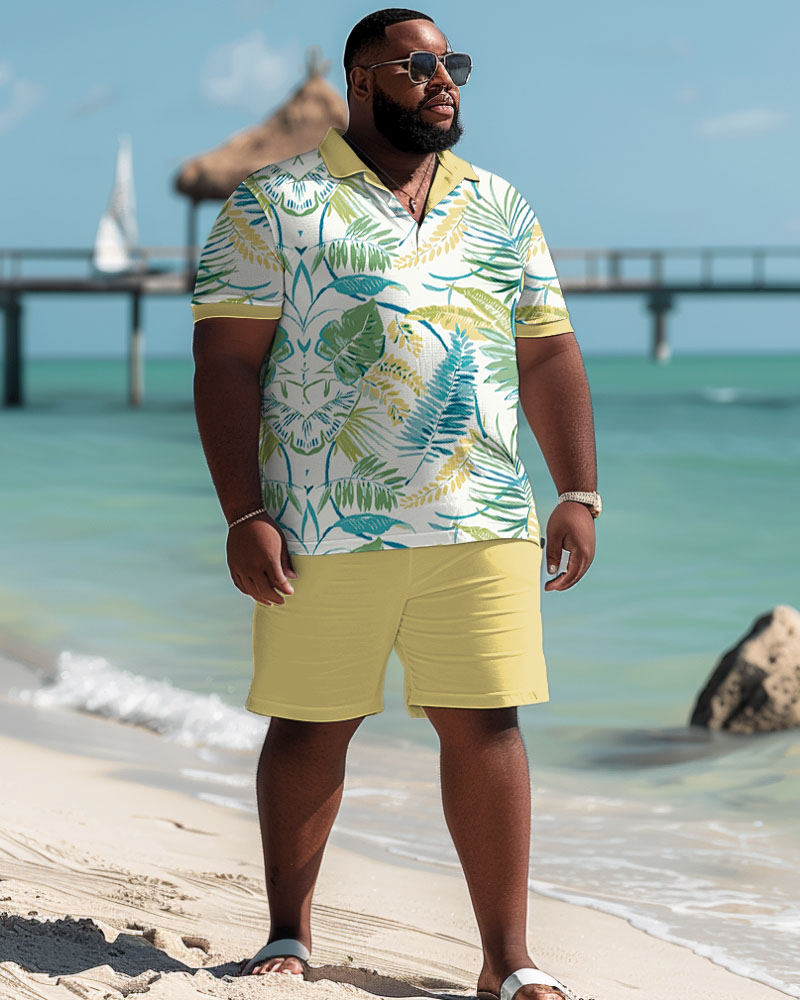 Men's Plus Size Hawaiian Tropical Leaf Polo Shorts Suit