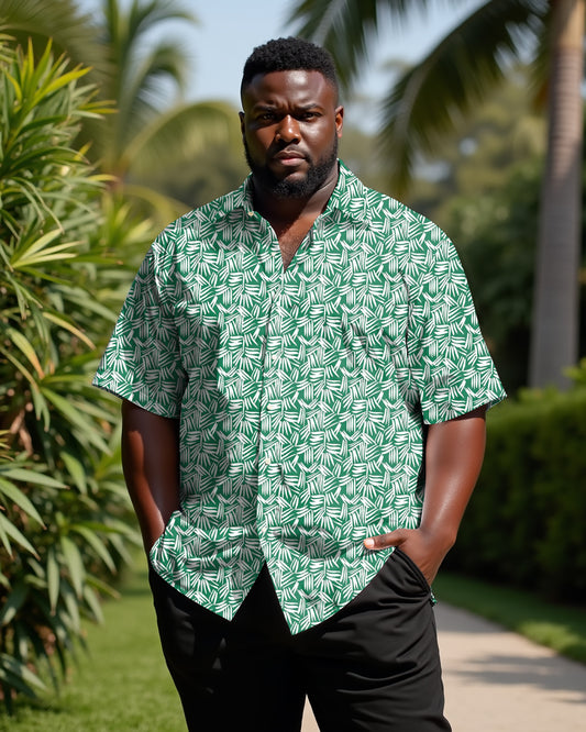 Men's Plus Size Abstract Geometric Leaf Silhouette Green Lapel Short Sleeve Shirt