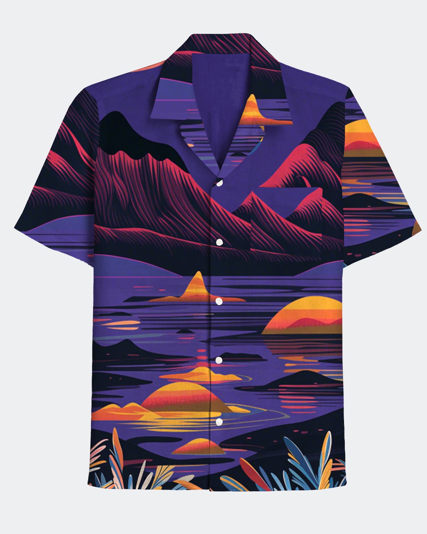 Men's Vintage Hawaiian Seaside Sunset Print Casual Short Sleeve Shirt