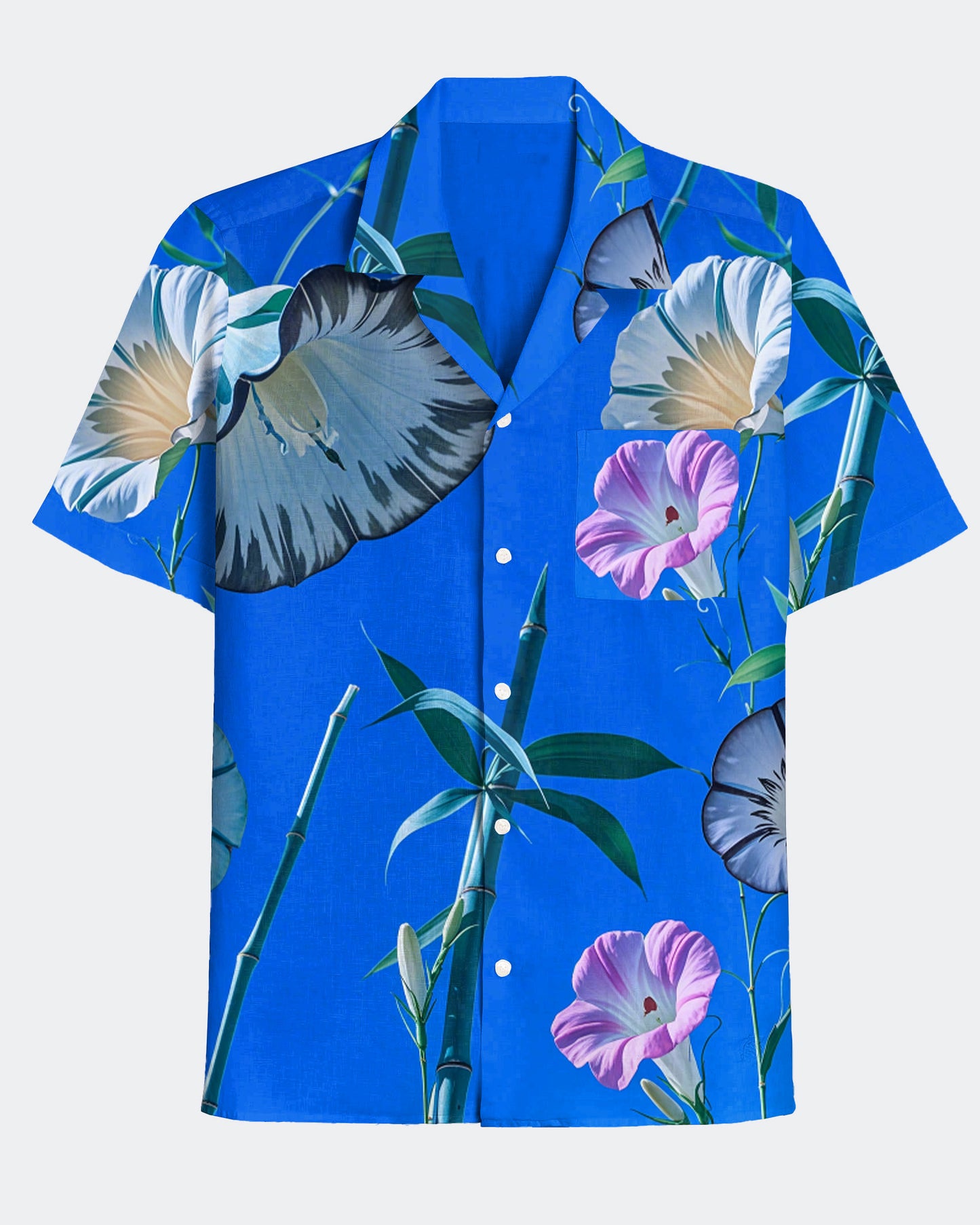 Men's Hawaiian Blue Morning Glory Print Cuban Collar Short Sleeve Shirt