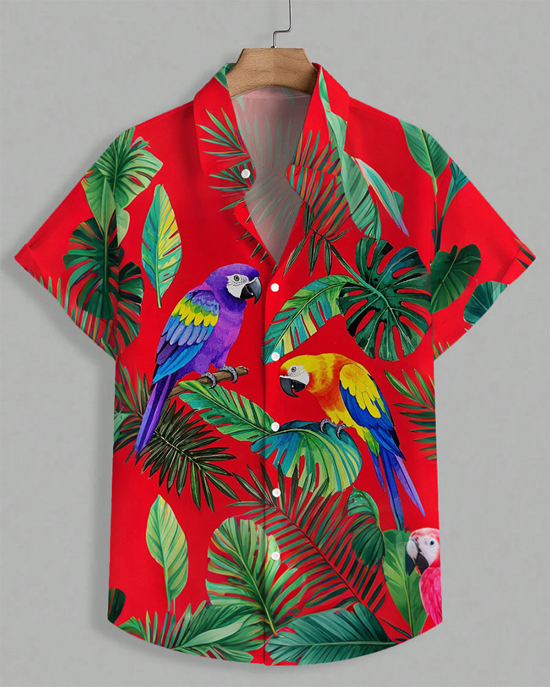 Men's Plus Size Hawaiian Red Parrot Leaf Print Short Sleeve Shirt