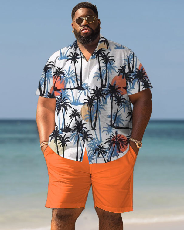 Men's Plus Size Hawaiian Sun Coconut Tree Print Shirt Shorts Suit