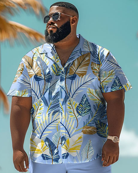 Men's Plus Size Hawaiian Blue Tropical Leaf Print Shirt Shorts Set