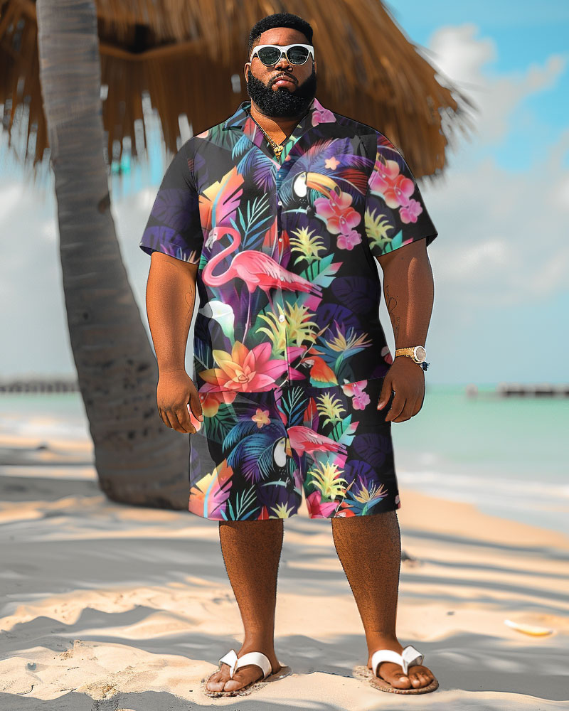 Men's Plus Size Hawaiian Flamingo Print Shirt Shorts Suit