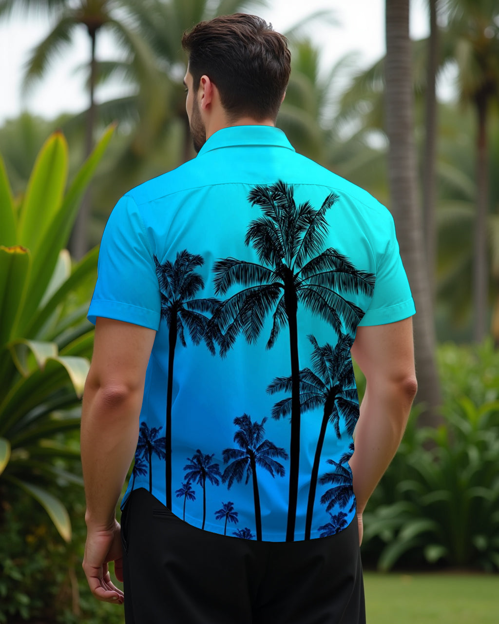 Hawaiian Casual Big Brown Tree Gradient Blue Men's Plus Size Cuban Nearline Short Sleeve Shirt