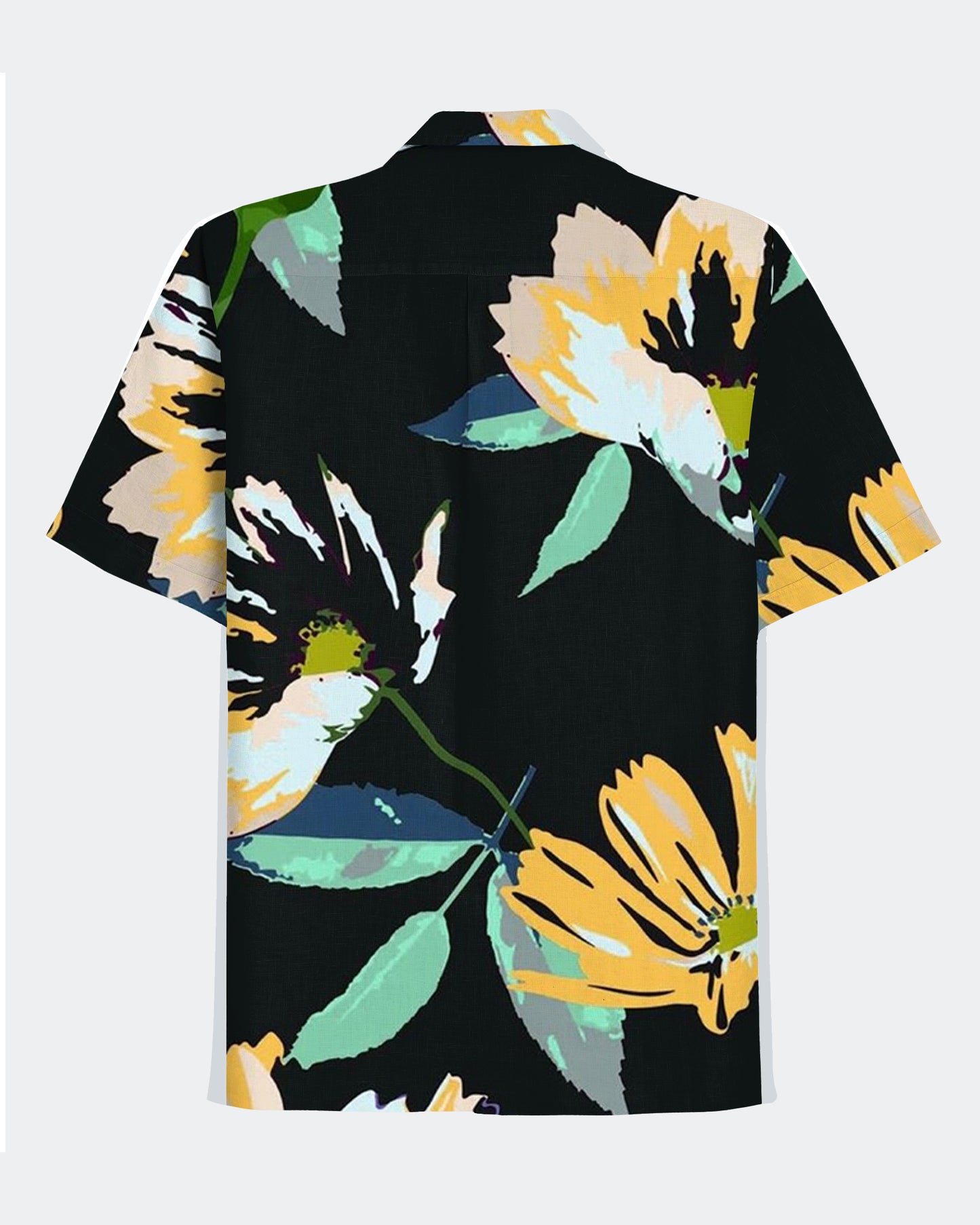 Hawaiian Casual Black Large Floral Printed Fabric Men's Plus Size Cuban Collar Short Sleeve Shirt