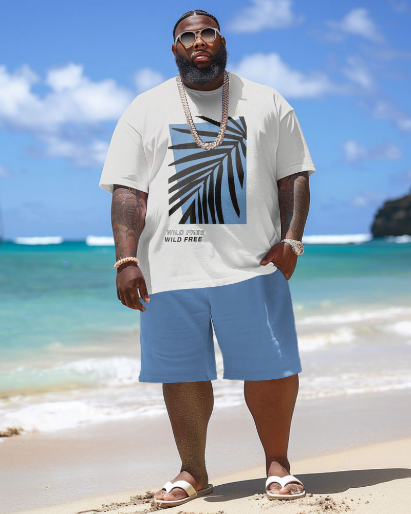 Men's Plus Size Hawaiian Leaf Letter Print T-Shirt Shorts Set