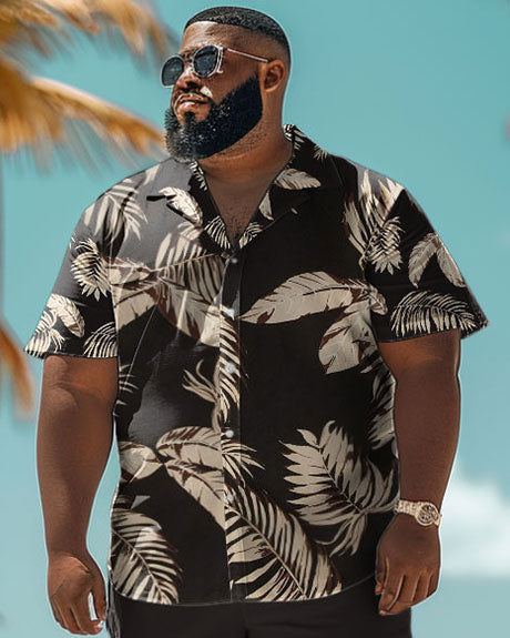 Men's Plus Size Hawaiian Tropical Leaf Print Black Shirt Shorts Set