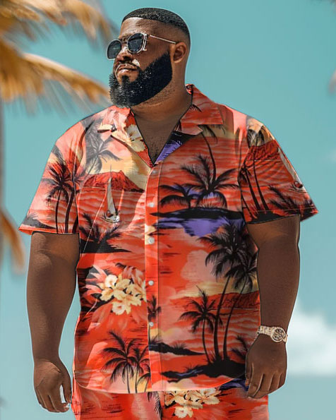 Men's Plus Size Hawaiian Sunset Coconut Tree Gradient Print Shirt Shorts Set