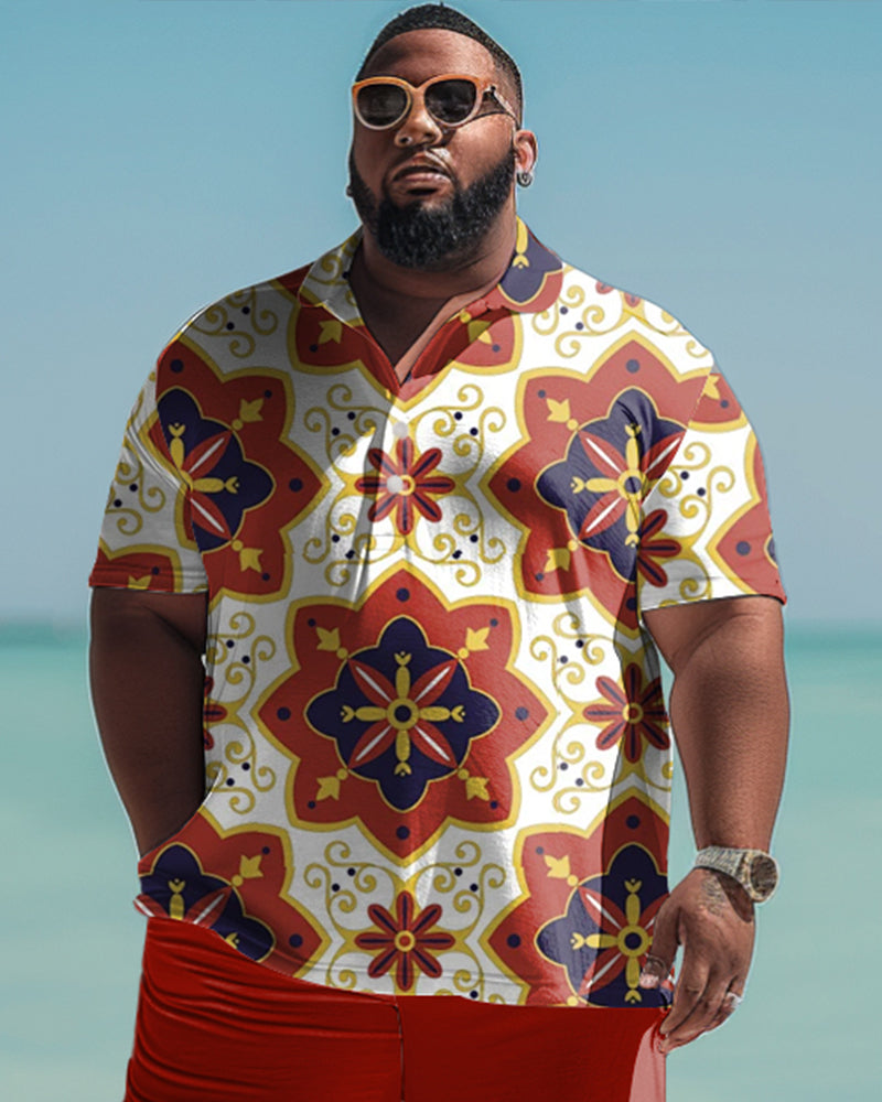 Men's Plus Size Classic Retro Pattern Polo Shirt Shorts Suit