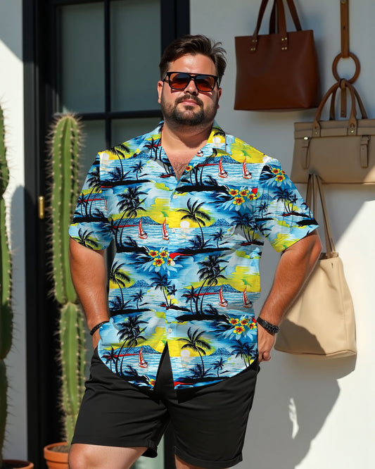 Men's Plus Size Shawe Coconut Tree Photo Short Sleeve Shirt