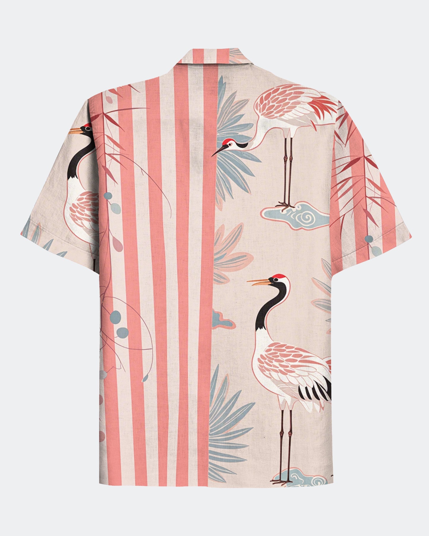 Men's Hawaiian Stripe Splicing Style Crane Print Cuban Collar Short Sleeve Shirt