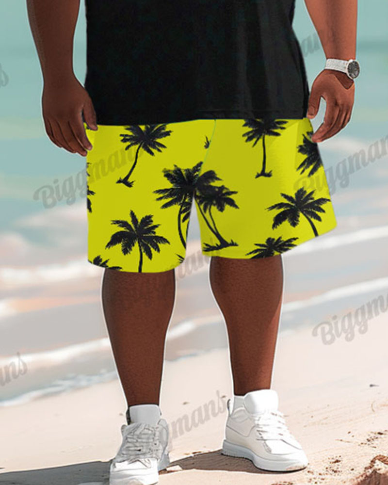 Men's Plus Size Hawaiian Tropical Yellow Coconut Tree Patchwork Print Shorts Suit