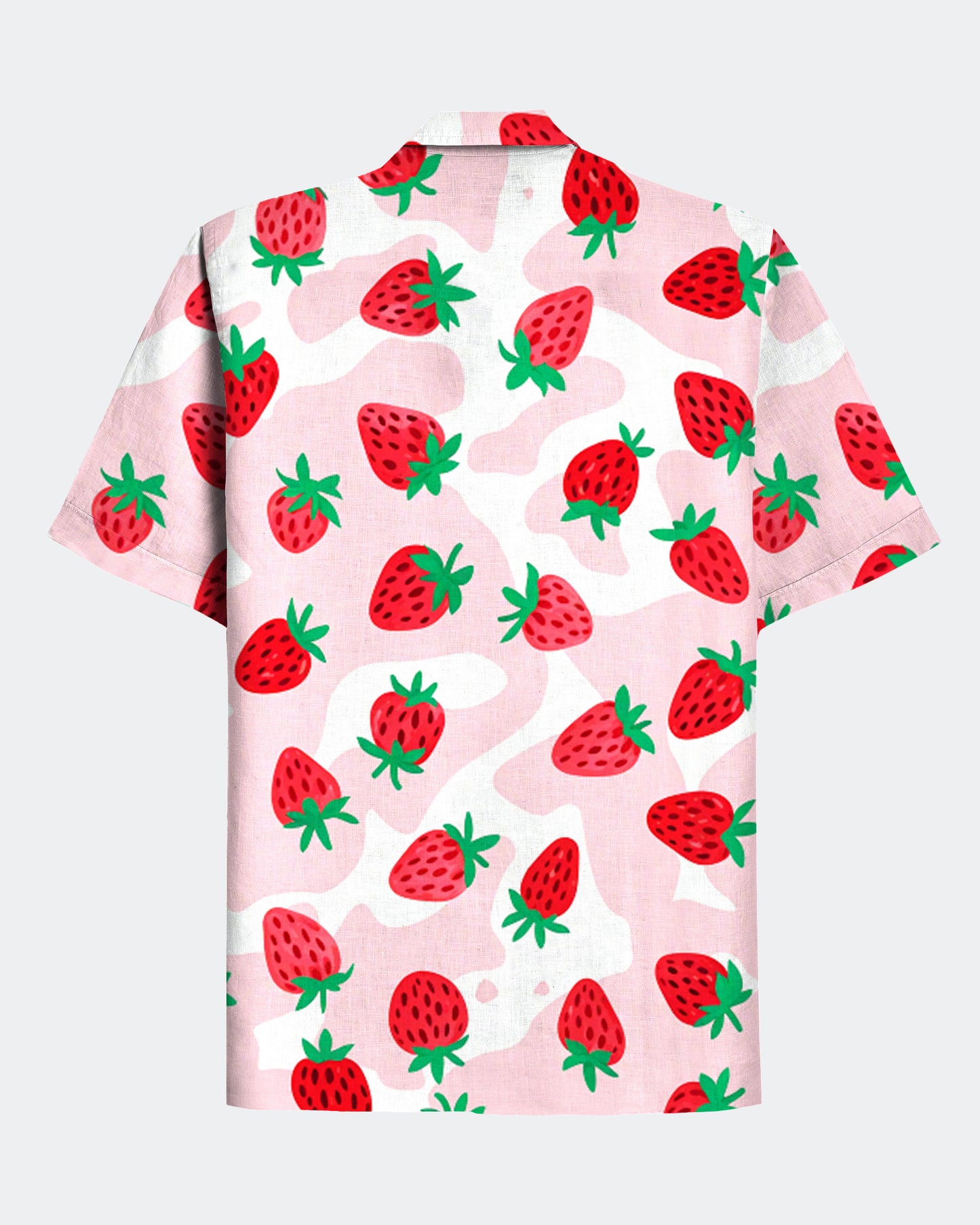 Men's Casual Pink Strewberry Print Cuban Collar Short Sleeve Shirt