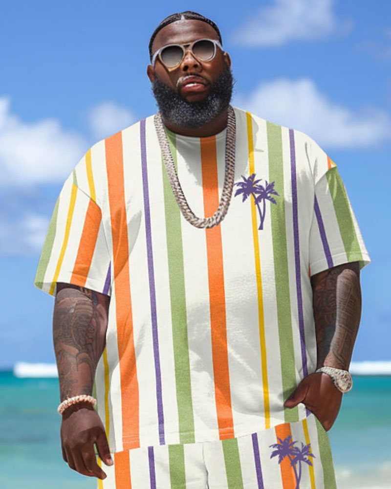 Men's Plus Size Hawaiian Striped Coconut Tree Print T-Shirt Shorts Suit