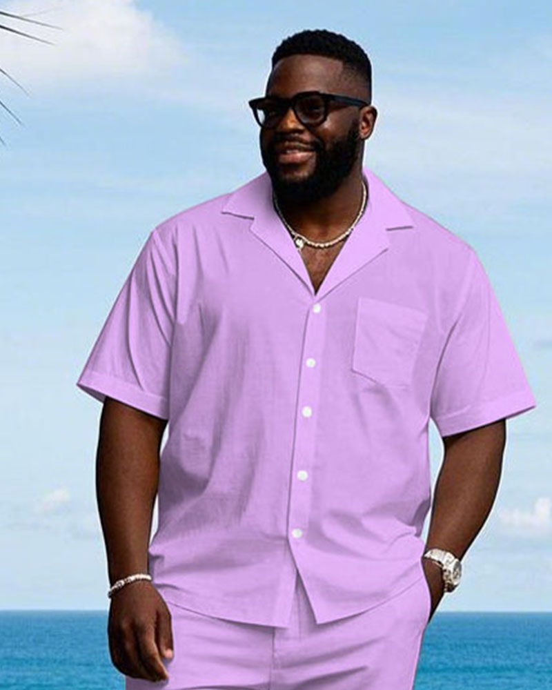 Solid Pink Cuban Nose Short Sleeve Shirt Shorts Suit Men's Plus Size