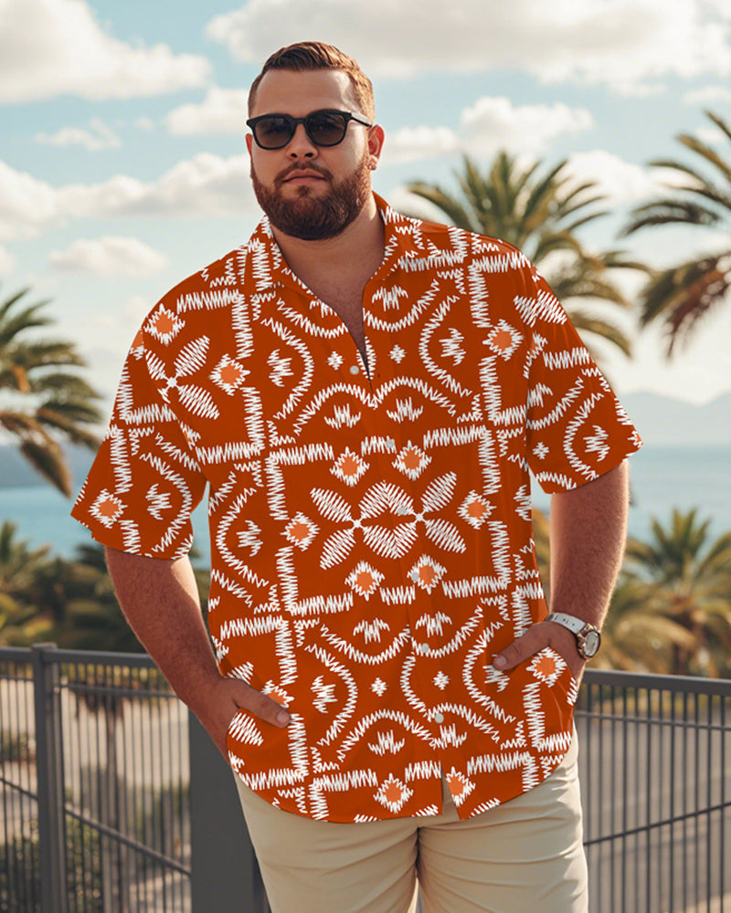 Men's Plus Size Hawaiian Orange Embroidered Textured Traditional Art Print Short Sleeve Shirt