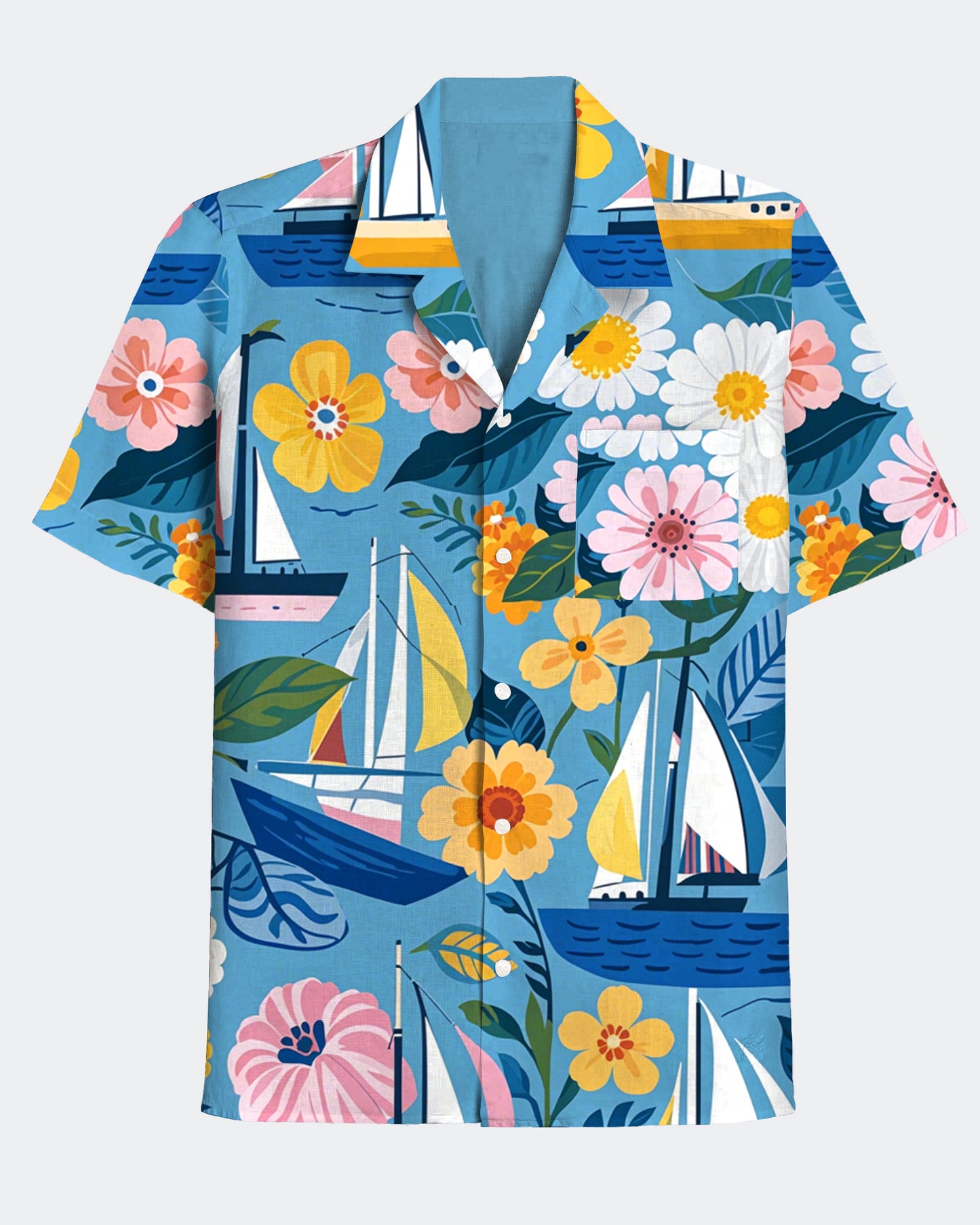 Men's Fun Sailboat Flower Print Short Sleeve Shirt