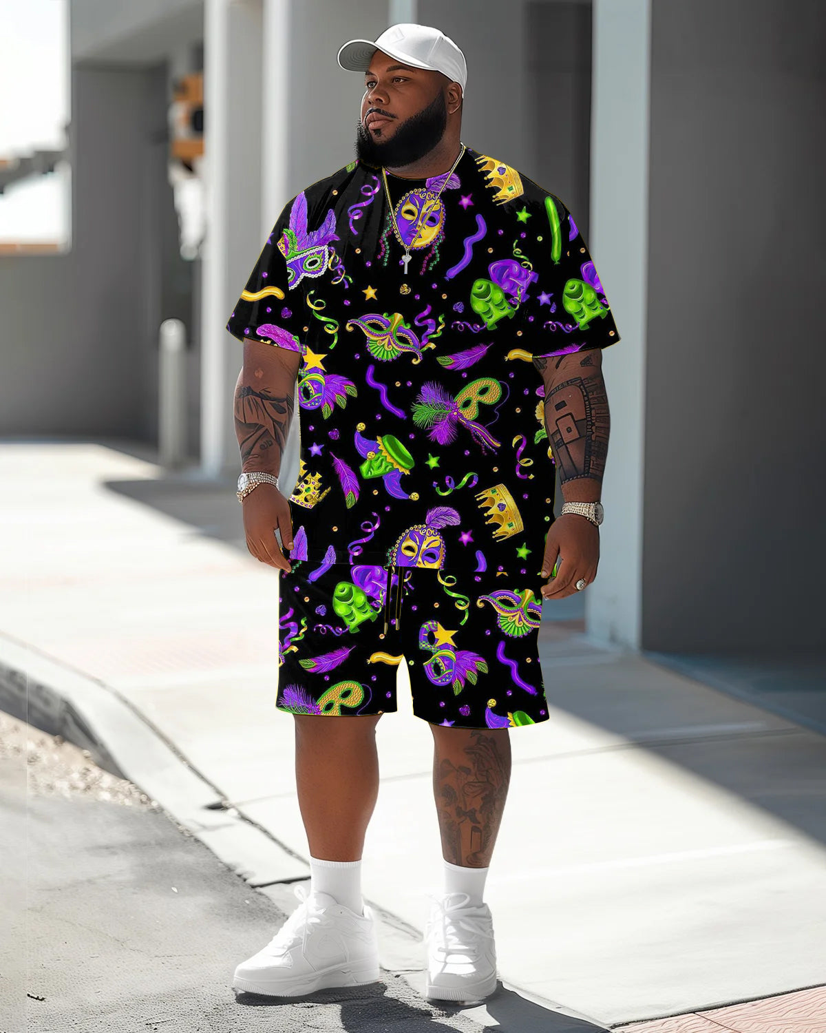 Men's Plus Size Orleans Mardi Gras Print T-Shirt Shorts Suit