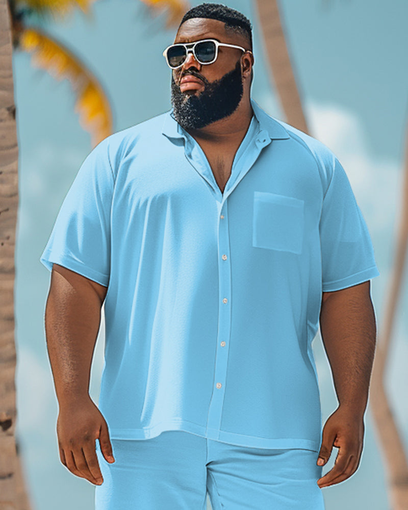 Men's Plus Size Simple Solid Color Blue Shirt Shorts Set