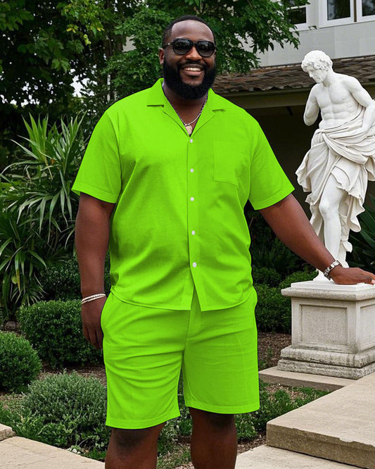 Solid Color Green Cuban Nearline Short Sleeve Shirt Shorts Suit Men's Plus Size