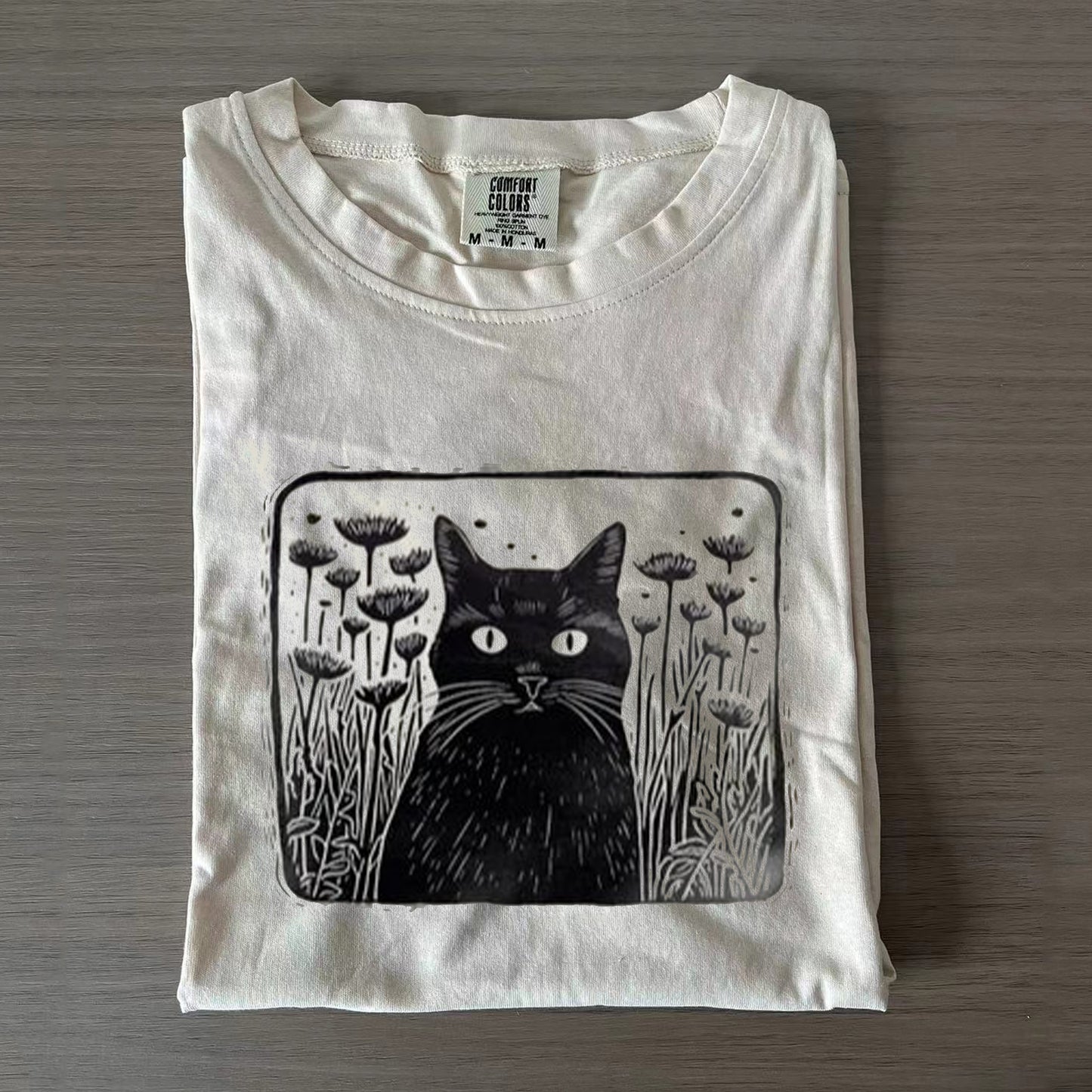 Vintage Floral Folklore Black Cat T-shirt